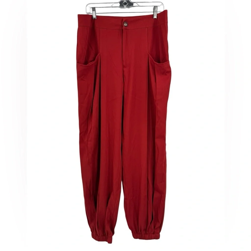 Red High-Waist Pleated Balloon Pants XL | Wide Pocket Tapered Cuff Trousers
